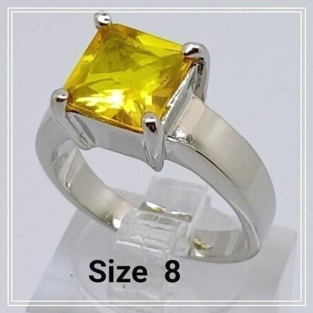 Vintage Yellow Princess Cut Solitaire Ring 3ct 8mm Stone Silver Tone Size 8